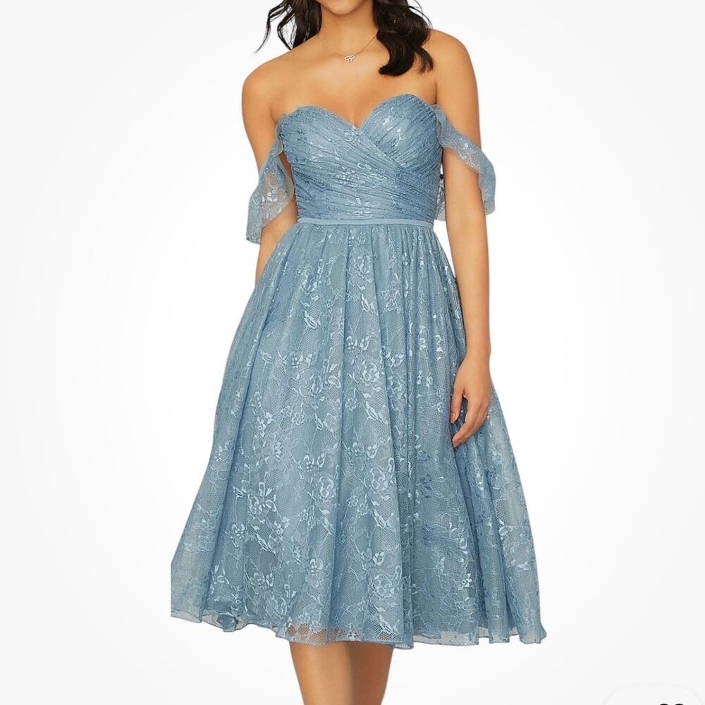 Mori Lee Madeline Gardner Women's Off Shoulder Lace Dress Size 12 Blue Bridal